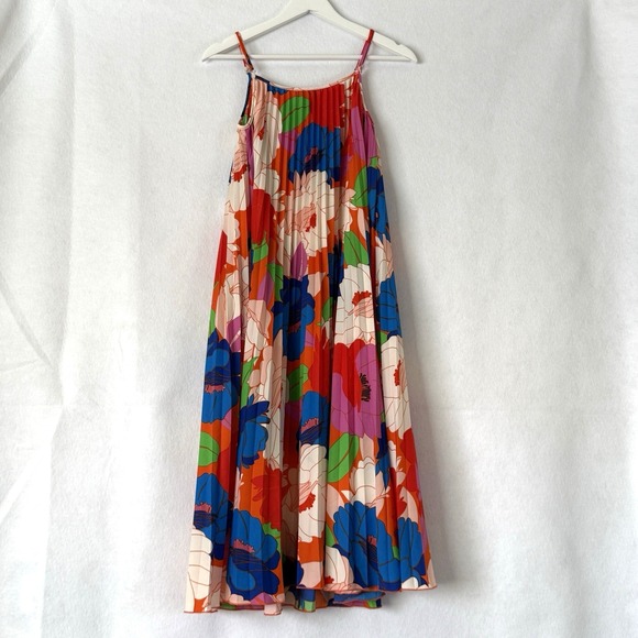 Sam Edelman Midi Dress Retro Floral Plisse Bright Colorful Resort‎ Cruise Size M - Picture 3 of 10